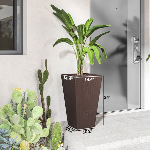 Set Of 3 Tall Planters With Drainage Hole, 24" Outdoor Flower Plant Pots, Indoor Planters For Porch, Front Door, Entryway, Patio And Deck, Brown_maomaolike.com