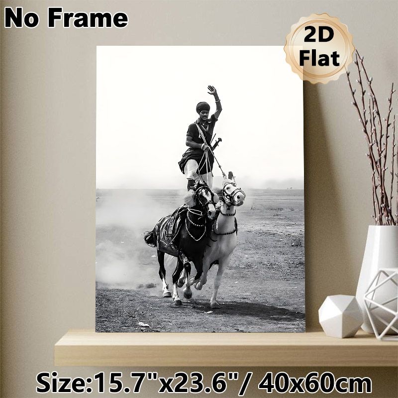 Traditional Equestrian Stunt Painting Poster, Monochrome Dynamic Rider-on-Two-Horses Scene Poster, Dramatic Vintage Art Suitable For Living Room_maomaolike.com
