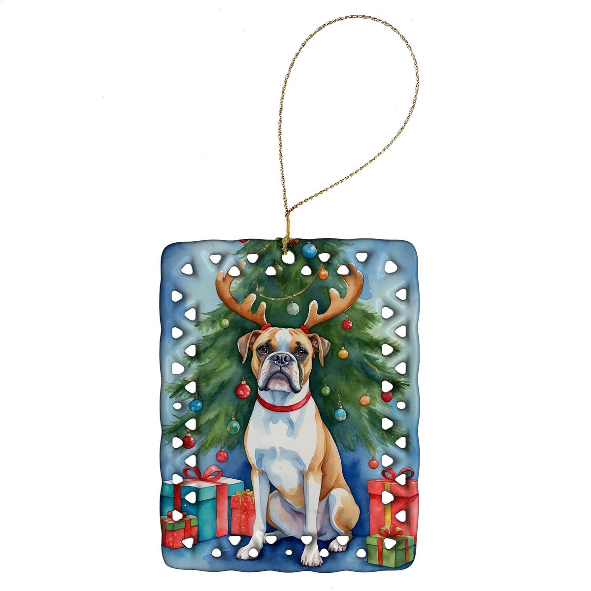 White Boxer Christmas Reindeer Porcelain Ornament Christmas Tree Hanging Decorations For Home Christmas Holiday, Rectangle, Gift, Multicolor_maomaolike.com