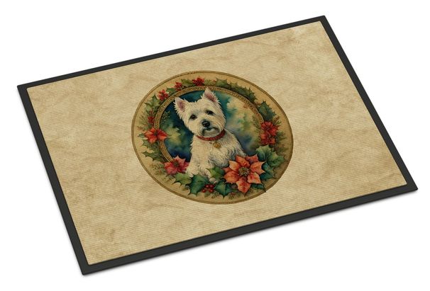 Westie Christmas Flowers Doormat Front Door Mat Indoor Outdoor Rugs For Entryway, Non Slip Washable Low Pile, 24H X 36W_maomaolike.com