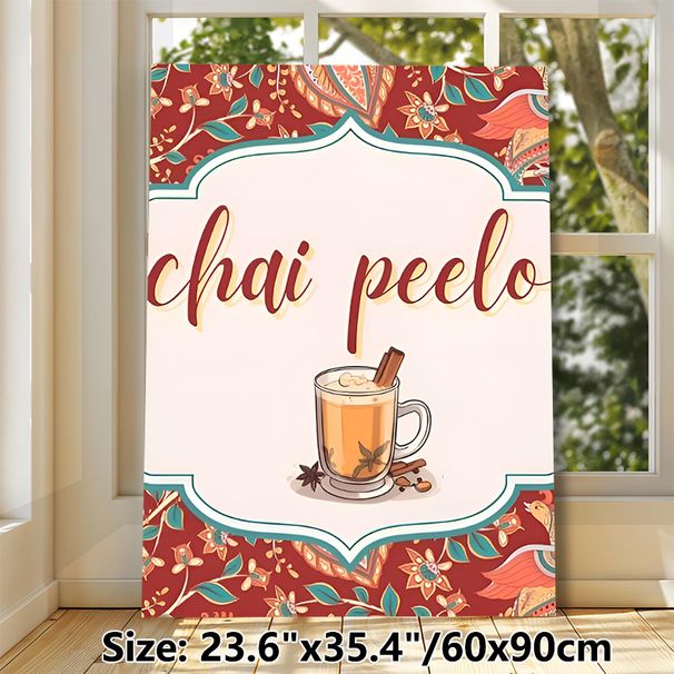 Chai Peelo Themed Painting Poster, Vibrant Ethnic Style Poster, Bohemian Patterned Border With Spiced Chai Cup, Warm Cozy Decor Ideal For Kitchen And_maomaolike.com