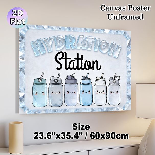 Hydration Station Painting Poster, Cute Cartoon Water Bottles & Ice-textured Lettering Poster, Reminds People To Stay Hydrated, Ideal For Office_maomaolike.com