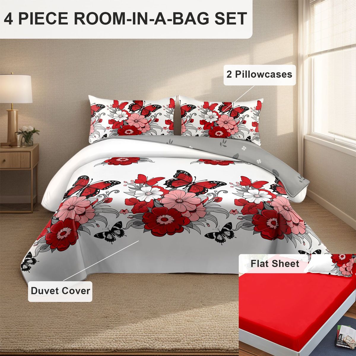 4 Piece Soft All-Season Washed Microfiber Cover Set , Queen/King/Calking Bedding Set With Zipper Closure, Sheet, Pillowcases,Print, Moisture-Wicking, Soft ,Cooling, Breathable, Easy Care_maomaolike.com