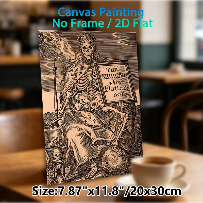 Skeleton Monarch Painting Poster, Vintage Monochrome Engraving Poster, Crowned Skeleton Holding Inscribed Sign, Distinctive Macabre Decor For_maomaolike.com