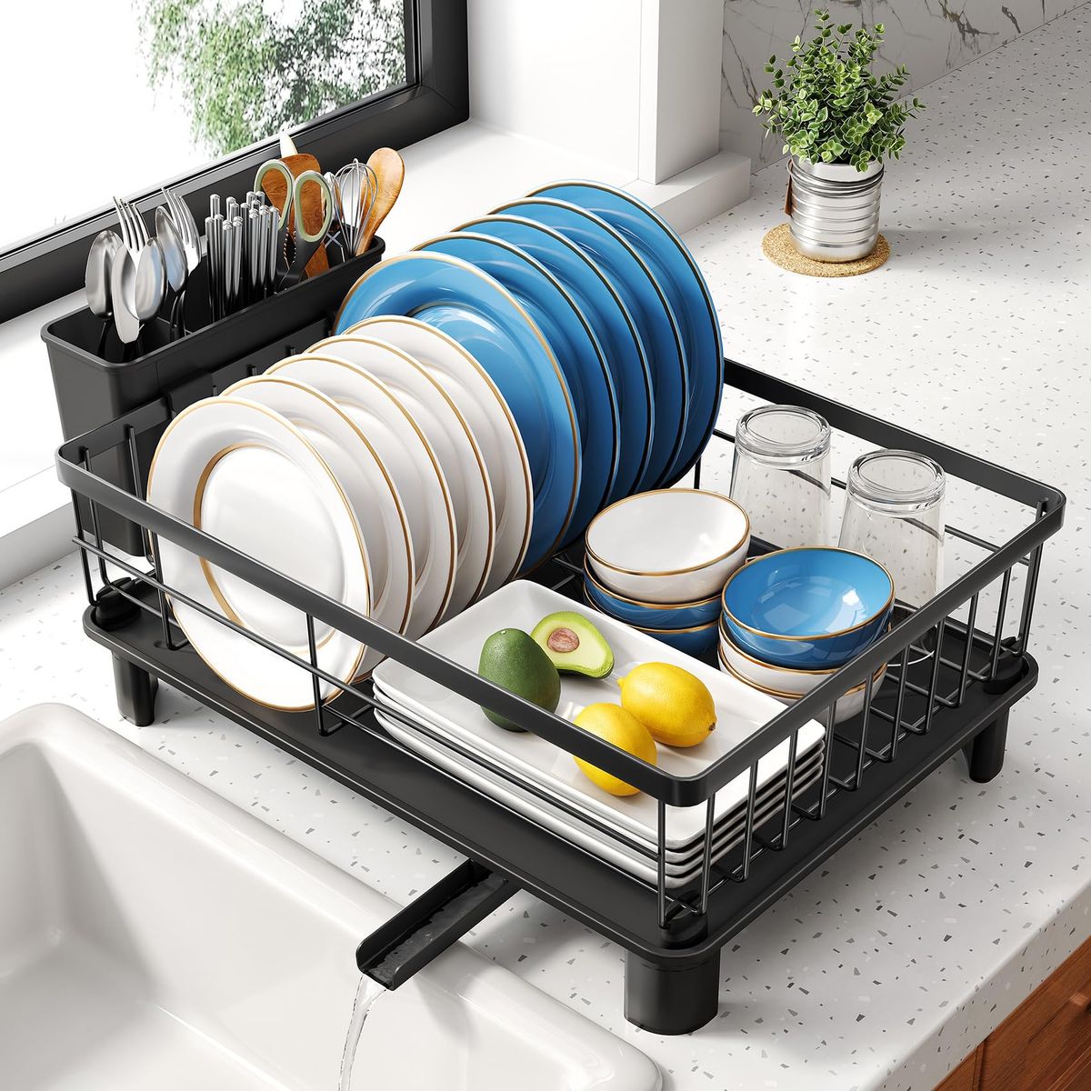 SNTD Dish Drying Rack For Small Kitchen Counter, 11" W X 15" L, Black_maomaolike.com