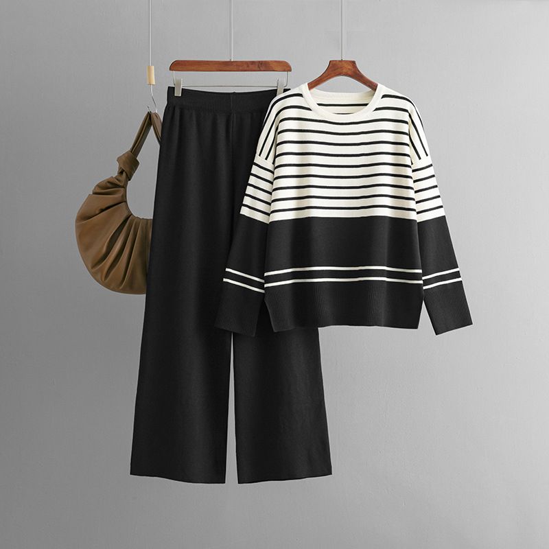 Women's Clothing striped knitted two piece round neck sweater loose casual fashion suit_maomaolike.com