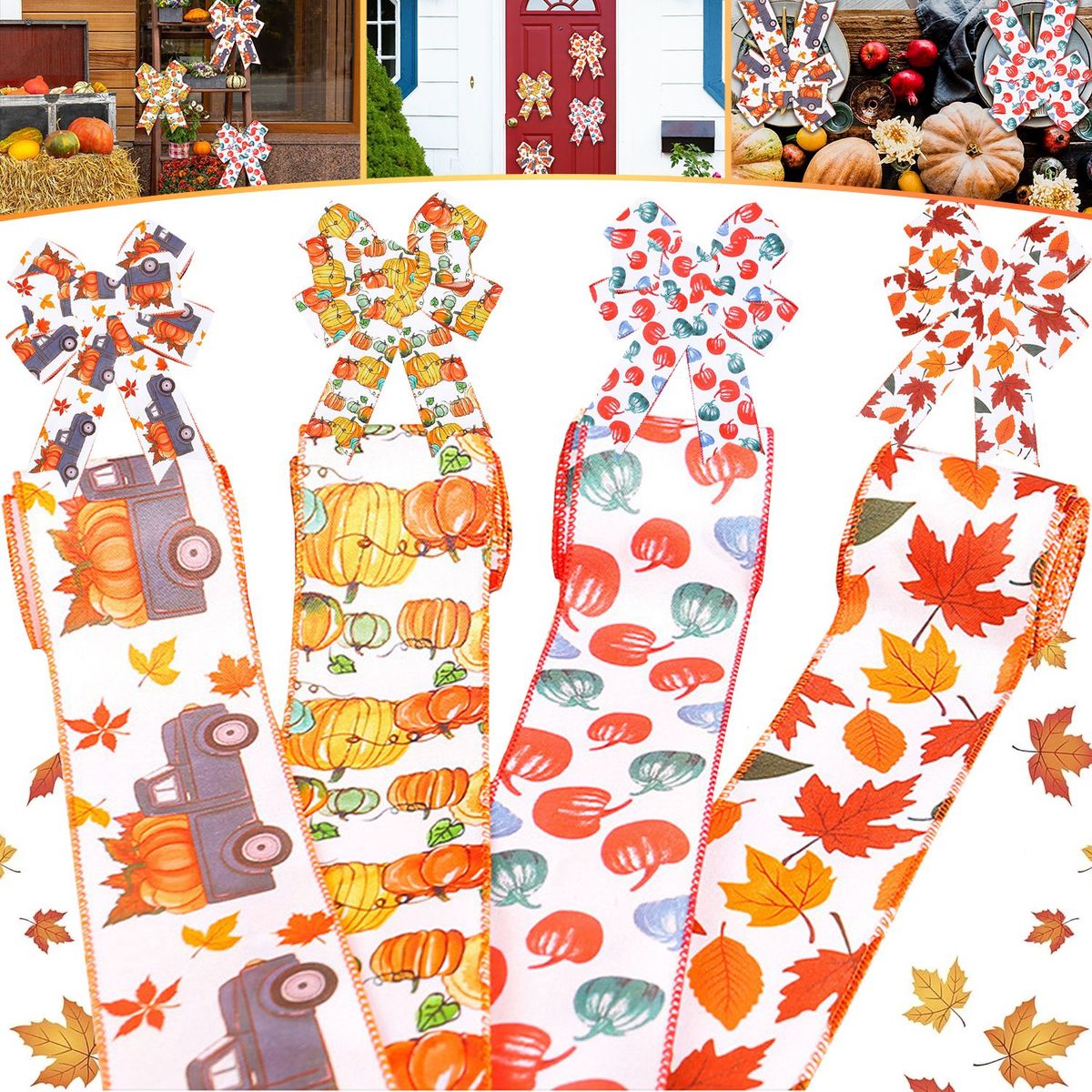 4 Rolls Ribbon, Autumn Edged Ribbon, Pumpkin Maple Leaf Truck Orange Printed Ribbon, Suitable For Autumn Party, Handmade DIY Art Decoration Supplies, 5 Yards Per Roll_maomaolike.com