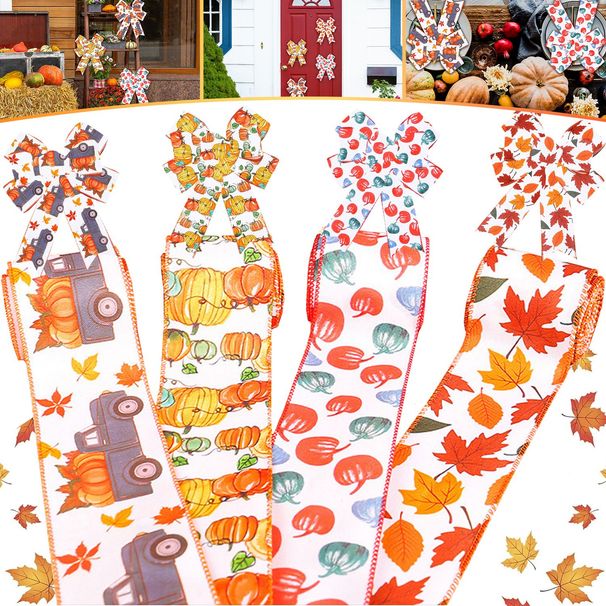 4 Rolls Ribbon, Autumn Edged Ribbon, Pumpkin Maple Leaf Truck Orange Printed Ribbon, Suitable For Autumn Party, Handmade DIY Art Decoration Supplies, 5 Yards Per Roll_maomaolike.com