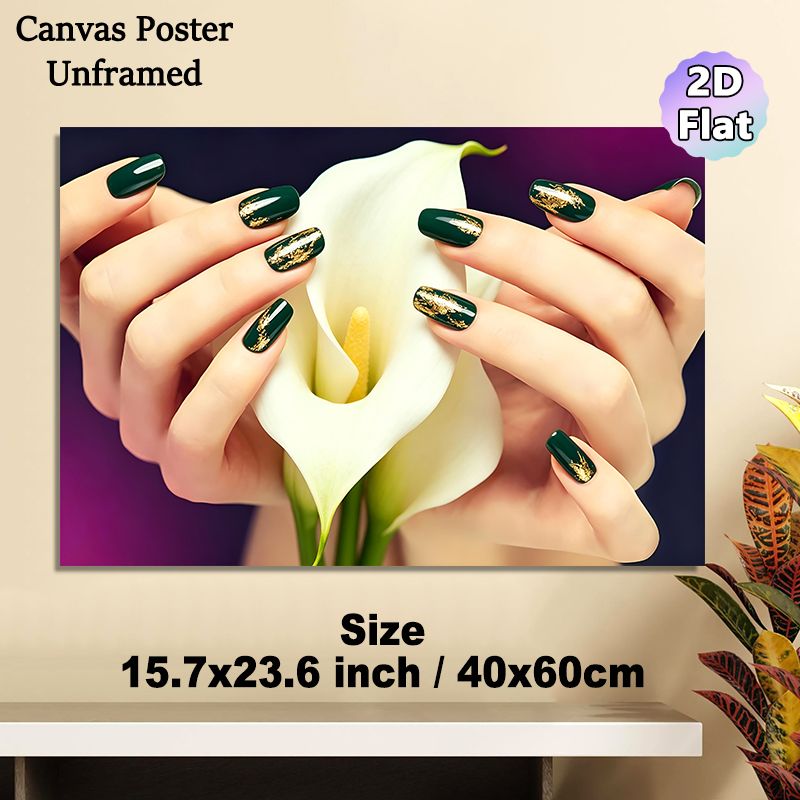 Nail Art & Calla Lily Painting Poster, Elegant Glossy Dark Green Nail Art With Gold Foil Accents & White Calla Lily Poster, Stylish Decorative Piece_maomaolike.com