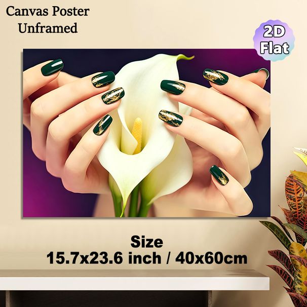 Nail Art & Calla Lily Painting Poster, Elegant Glossy Dark Green Nail Art With Gold Foil Accents & White Calla Lily Poster, Stylish Decorative Piece_maomaolike.com