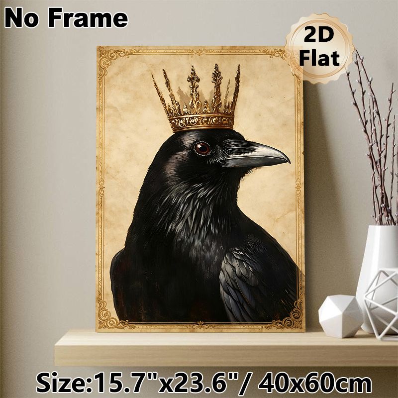 Crown Raven Painting Poster, Vintage-style Detailed Black Raven With Ornate Golden Crown Poster, Elegant Dark-toned Decor Ideal For Living Room, Study_maomaolike.com