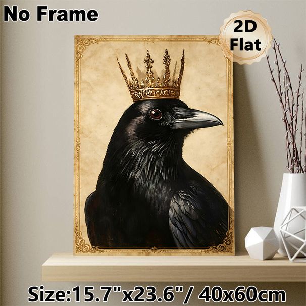 Crown Raven Painting Poster, Vintage-style Detailed Black Raven With Ornate Golden Crown Poster, Elegant Dark-toned Decor Ideal For Living Room, Study_maomaolike.com