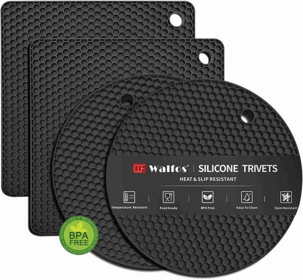 Silicone Trivet Mats - 1Heat Resistant Pot Holders, Multipurpose Non-Slip Hot Pads For Kitchen Potholders, Hot Dishers, Jar Opener, Spoon Holder, Food Grade Silicone & BPA Free (Black)_maomaolike.com