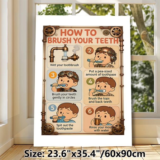 Tooth Brushing Guide Painting Poster, Vintage Steampunk Style Illustrated Step-by-step Oral Care Poster, Clear Tooth Care Instructions Suitable For_maomaolike.com