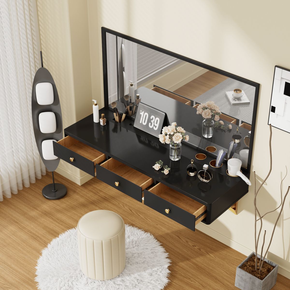 47" Floating Shelf With Drawer, Multi-Purpose Wall-Mounted Vanity Table, Mounted Desk, Floating Table For Bedroom, Bathroom, Hairdressers, Black And Golden_maomaolike.com