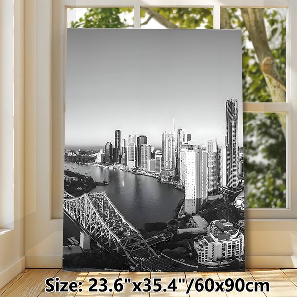 Urban Riverfront Skyline Painting Poster, Monochrome Minimalist Cityscape With Bridge & Skyscrapers Poster, Sleek Urban Wall Decor Suitable For Living_maomaolike.com