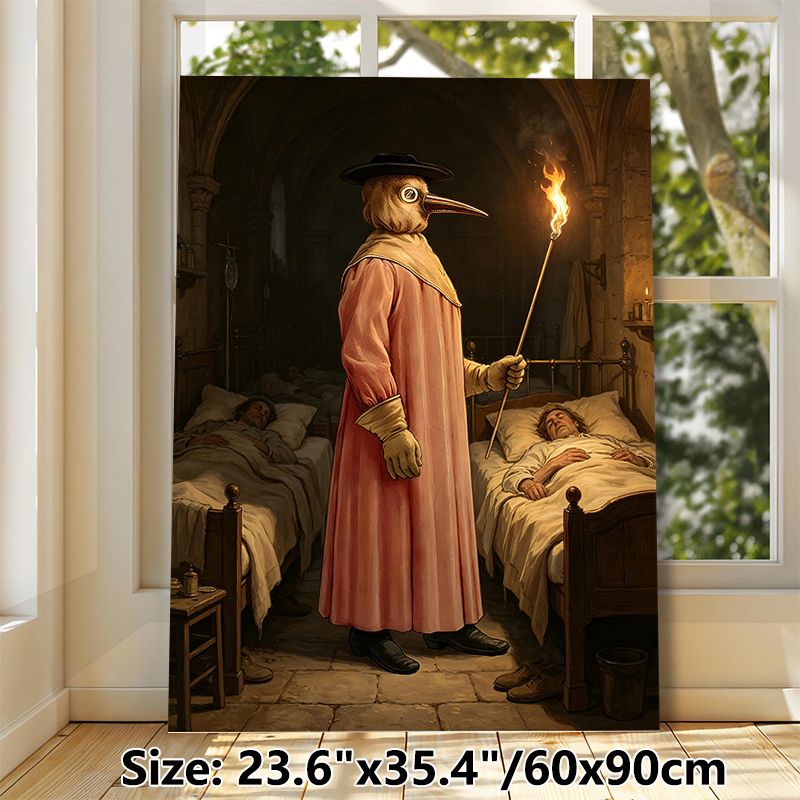 Plague Doctor Painting Poster, Vintage Historical Dark-toned Poster, Authentic Medieval Ward Scene With Plague Doctor Holding Torch, Ideal For_maomaolike.com