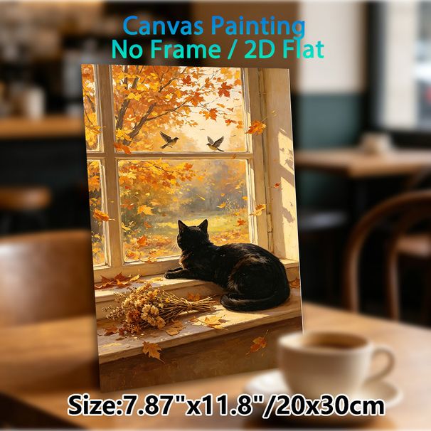 Autumn Window Cat Painting Poster, Warm-toned Idyllic Scene Poster, Cozy Tranquil Autumn View With Black Cat, Falling Leaves And Birds, Ideal For_maomaolike.com