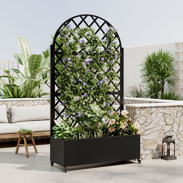 round Metal Planter Box With Trellis Raised Garden Bed With 4 WheelsTrellis & Privacy Screen For Climbing Plants, Vegetables, Vines_maomaolike.com