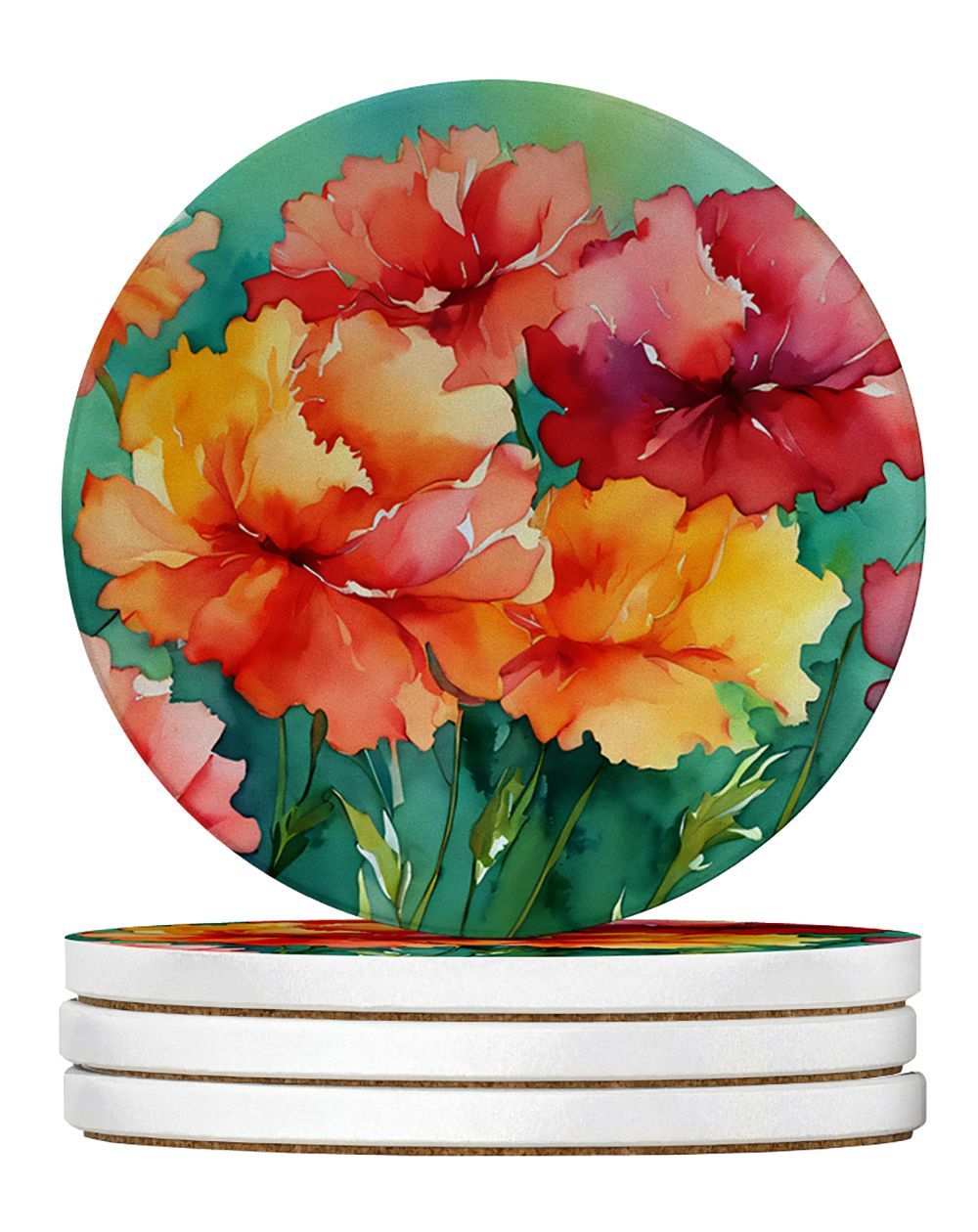 Ohio Scarlet Carnations In Watercolor Large Sandstone Coasters Pack Of 4 Absorbent Round Coasters Decor Gifts For Men Or Women, 4 In, Multicolor_maomaolike.com