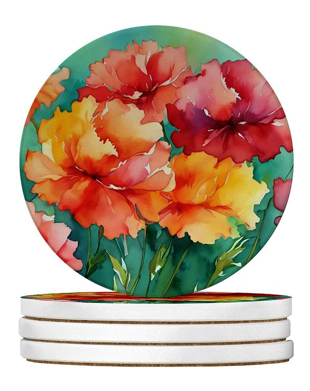 Ohio Scarlet Carnations In Watercolor Large Sandstone Coasters Pack Of 4 Absorbent Round Coasters Decor Gifts For Men Or Women, 4 In, Multicolor_maomaolike.com