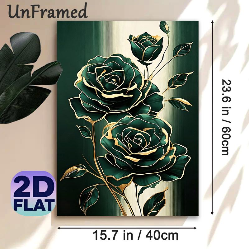 Emerald Rose Painting Poster, Elegant Gold-outlined Floral Poster, Sophisticated Dark Green Roses With Delicate Golden Trim, Stylish Wall Decor For_maomaolike.com