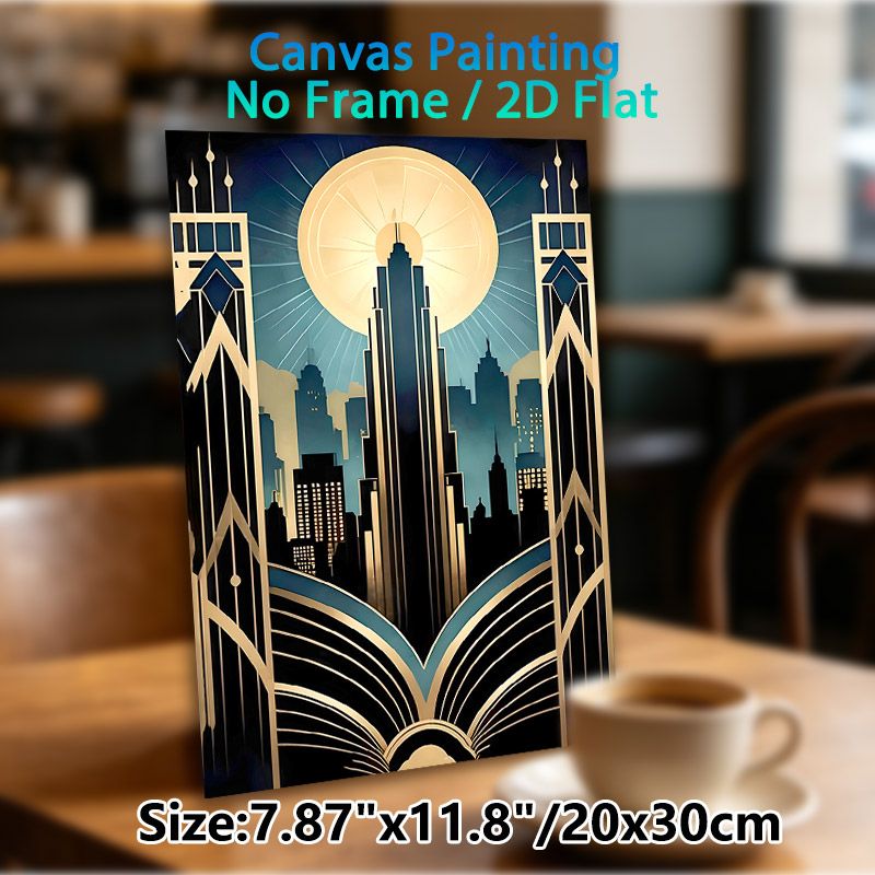 Art Deco City Skyline Painting Poster, Sophisticated Retro Art Deco Style Poster, Luminous Urban Skyscape With Geometric Borders, Elegant Wall Decor_maomaolike.com