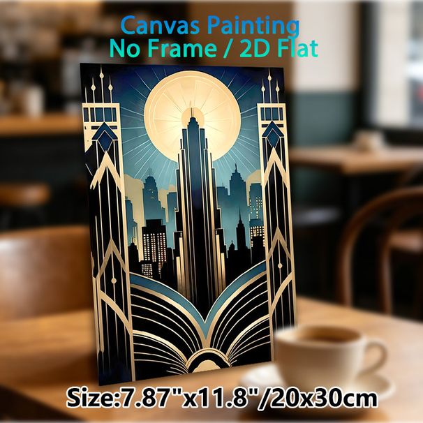 Art Deco City Skyline Painting Poster, Sophisticated Retro Art Deco Style Poster, Luminous Urban Skyscape With Geometric Borders, Elegant Wall Decor_maomaolike.com