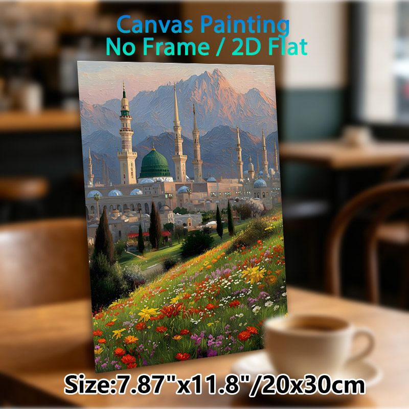 Mosque Themed Painting Poster, Vibrant Textured Oil Painting Style Poster, Scenic Artwork Featuring Mosque, Mountain Backdrop & Blooming Wildflower_maomaolike.com
