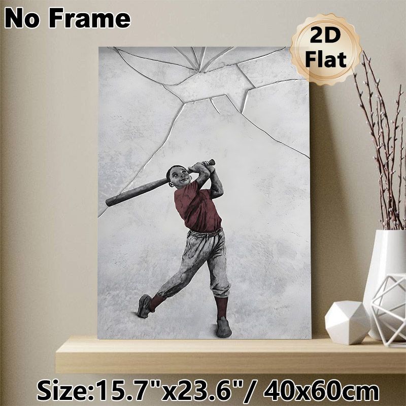 Baseball Themed Painting Poster, Vintage Monochrome With Red Accent Poster, Creative Design Of Boy Swinging Bat To Crack Wall, Ideal For Game Room_maomaolike.com