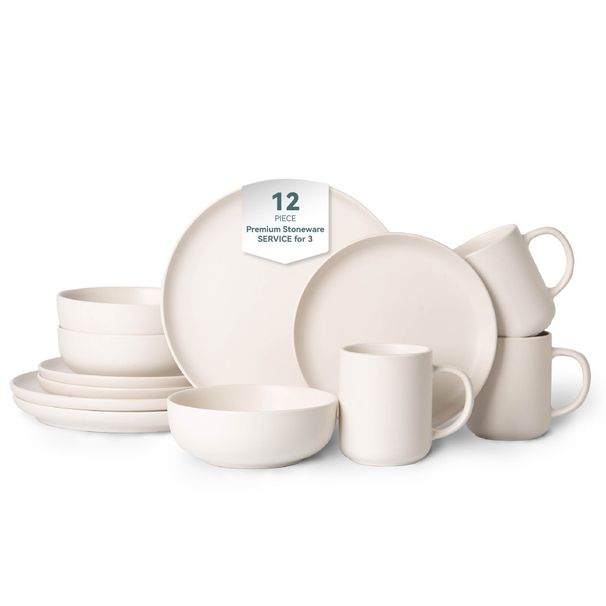 12-Piece Stoneware Dinnerware Sets With Mugs | Microwave & Dishwasher Safe | Non-Toxic Dinner Plates Bowls Set | Stackable Matte Glaze Kitchenware For 3_maomaolike.com