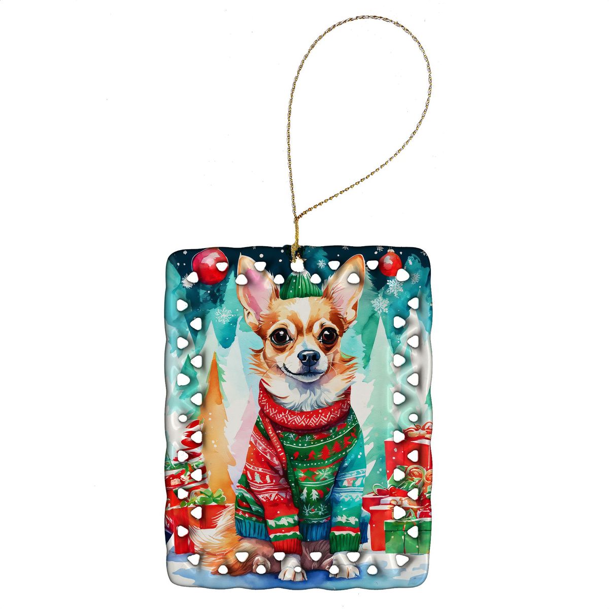 Chihuahua Christmas Porcelain Ornament Christmas Tree Hanging Decorations For Home Christmas Holiday, Rectangle, Gift, Multicolor_maomaolike.com