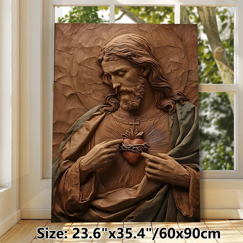 Sacred Heart Of Jesus Painting Poster, Exquisitely Detailed Carving-style Poster, Reverent Spiritual Decor Suitable For Home, Prayer Room_maomaolike.com