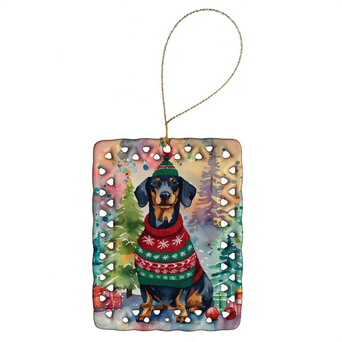 Dachshund Christmas Porcelain Ornament Christmas Tree Hanging Decorations For Home Christmas Holiday, Rectangle, Gift, Multicolor_maomaolike.com