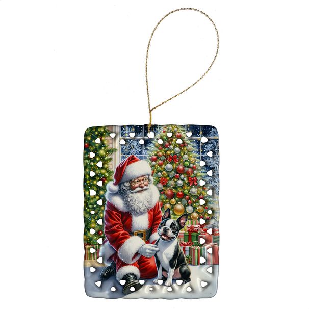 Boston Terrier And Santa Claus Porcelain Ornament Christmas Tree Hanging Decorations For Home Christmas Holiday, Rectangle, Gift, Multicolor_maomaolike.com