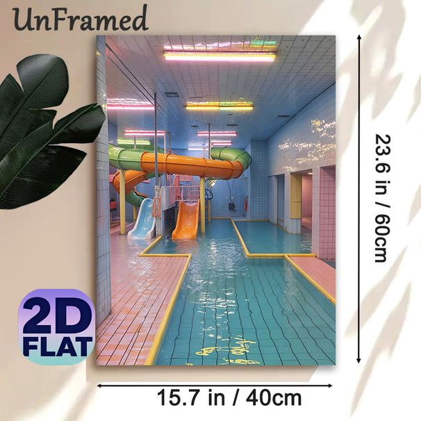 Indoor Water Park Painting Poster, Retro Pastel-toned Water Slides & Pool Scene Poster, Nostalgic Eye-catching Wall Decor For Home, Entertainment_maomaolike.com