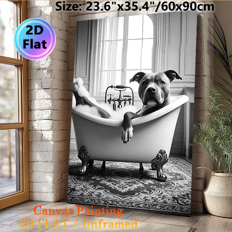Dog In Bathtub Painting Poster, Monochrome Vintage Bathtub Scene Poster, Playful Whimsical Design, Ideal For Bathroom And Living Room Decor_maomaolike.com