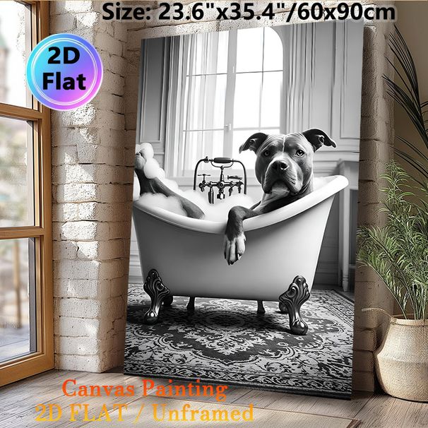 Dog In Bathtub Painting Poster, Monochrome Vintage Bathtub Scene Poster, Playful Whimsical Design, Ideal For Bathroom And Living Room Decor_maomaolike.com