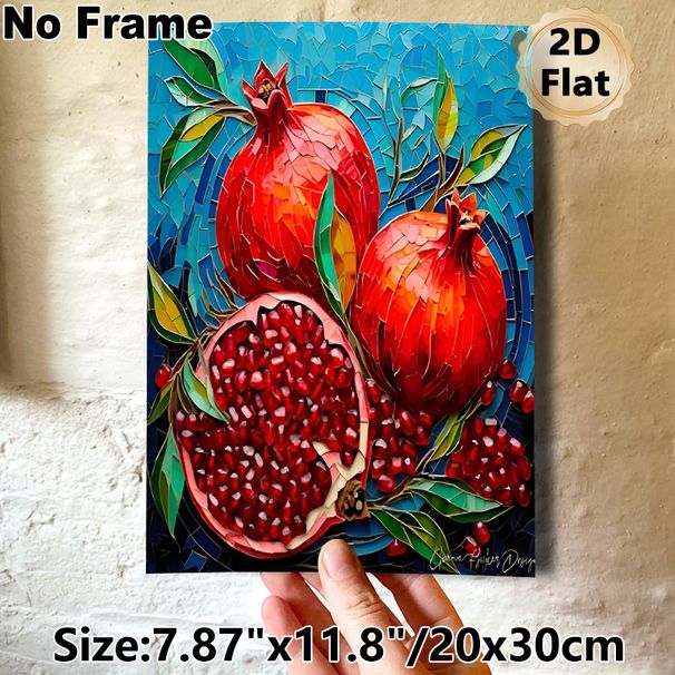 Pomegranate Themed Painting Poster, Vibrant Mosaic-style Red Pomegranates With Seeds & Leaves Poster, Eye-catching Fruit Artwork Ideal For Kitchen_maomaolike.com