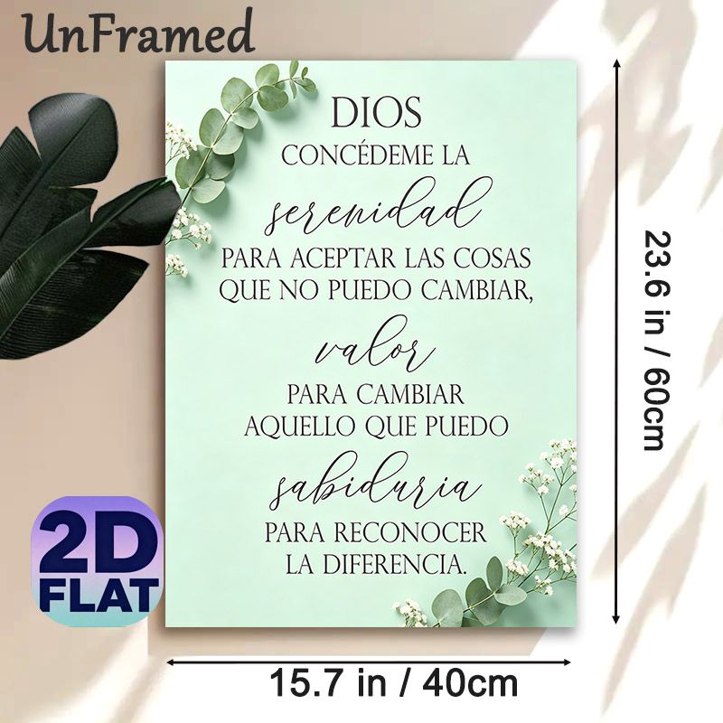Spanish Serenity Prayer Painting Poster, Elegant Mixed-font Mint Green Floral Decor Poster, Calming Inspirational Quote Art, Suitable For Living Room_maomaolike.com