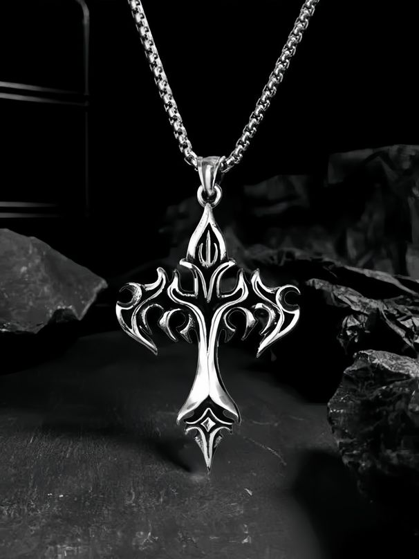 1PCS Retro Flame Cross Pendant Necklace Men's And Women's Long Chain Punk Gothic Fashion Accessories_maomaolike.com
