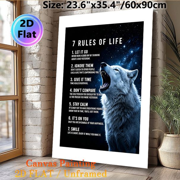 7 Rules Of Life Wolf Themed Motivational Painting Poster, Mysterious Starry Night Howling Wolf Poster, Inspirational Life Rules Decor For Home Office_maomaolike.com