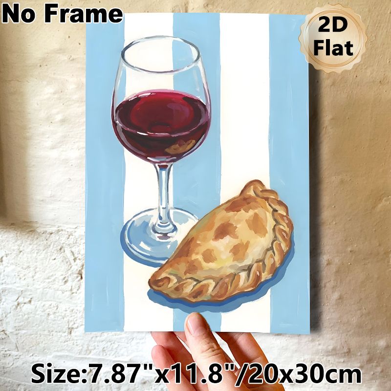 Wine & Empanada Themed Painting Poster, Vibrant Artistic Style Poster, Showcases Red Wine Glass With Golden Empanada, Adds Cozy Culinary Touch Ideal_maomaolike.com