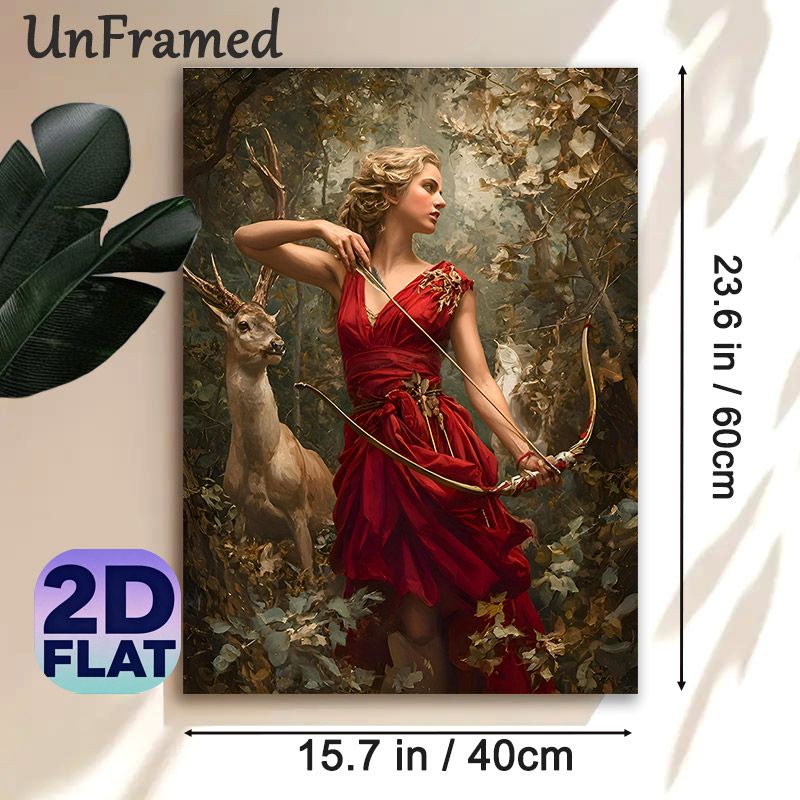 Mythological Huntress Painting Poster, Vintage Oil Style Forest Scene Poster, Elegant Huntress In Red Dress With Bow And Deer, Tasteful Decorative_maomaolike.com