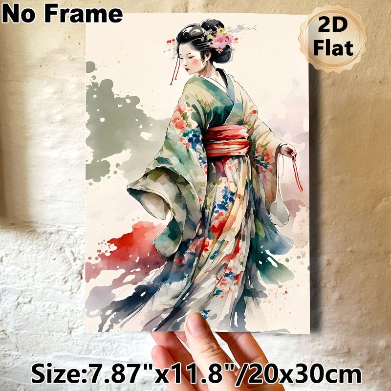Japanese Geisha Painting Poster, Soft Watercolor Elegant Floral Kimono Geisha Poster, Delicate Artistic Piece Ideal For Living Room, Bedroom And_maomaolike.com