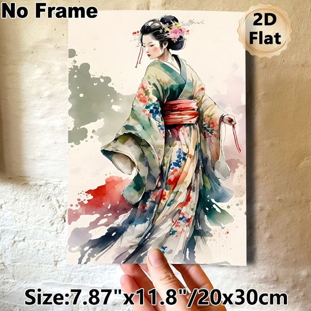Japanese Geisha Painting Poster, Soft Watercolor Elegant Floral Kimono Geisha Poster, Delicate Artistic Piece Ideal For Living Room, Bedroom And_maomaolike.com