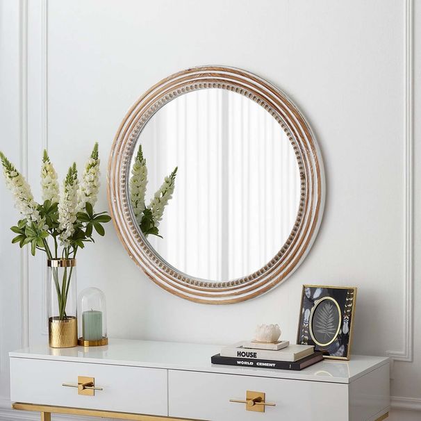 Rustic Round Wall Mirror, 23.62 Inches Wood Circle Mirror With Beads, Decorative Farmhouse Mirror For Living Room, Bedroom, Kitchen, Entryway (White)_maomaolike.com