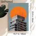 Modern Architecture Abstract Painting Poster, Minimalist Gray Geometric Building With Bold Orange Circle Poster, Sleek Urban Abstract Art For Living_maomaolike.com