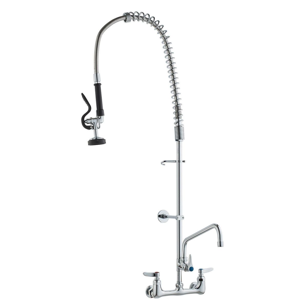 VEVOR Commercial Faucet With Pre-Rinse Sprayer, 44" Height, 8" Center, 12" Swing Spout, Wall Mount Kitchen Sink Faucet, Brass Constructed Device With Pull Down Spray, For 1/2/3 Compartment Sink_maomaolike.com