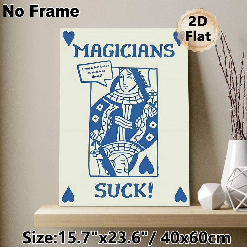 Magician Themed Playing Card Painting Poster, Minimalist Blue & White Stylized Queen Card Poster, Witty Statement Design Suitable For Home Wall Decor_maomaolike.com